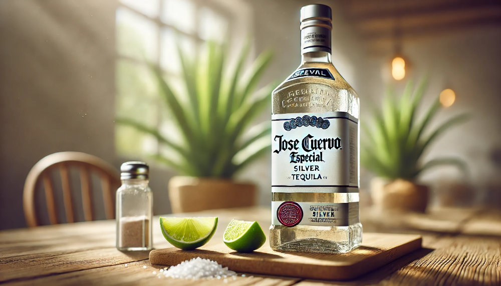 Близький план пляшки текіли Jose Cuervo Especial Silver з лаймом і сіллю, готовий до шоту.